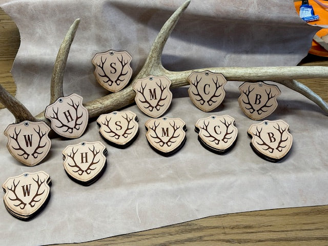 Custom Leather Freshie- Shield shaped freshies with Elk Antlers and an initial inside