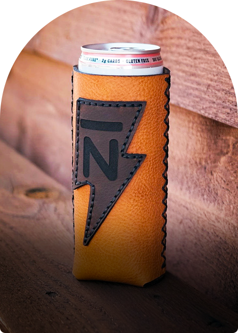 A can holder featuring a prominent lightning bolt design, showcasing a vibrant and energetic aesthetic.
