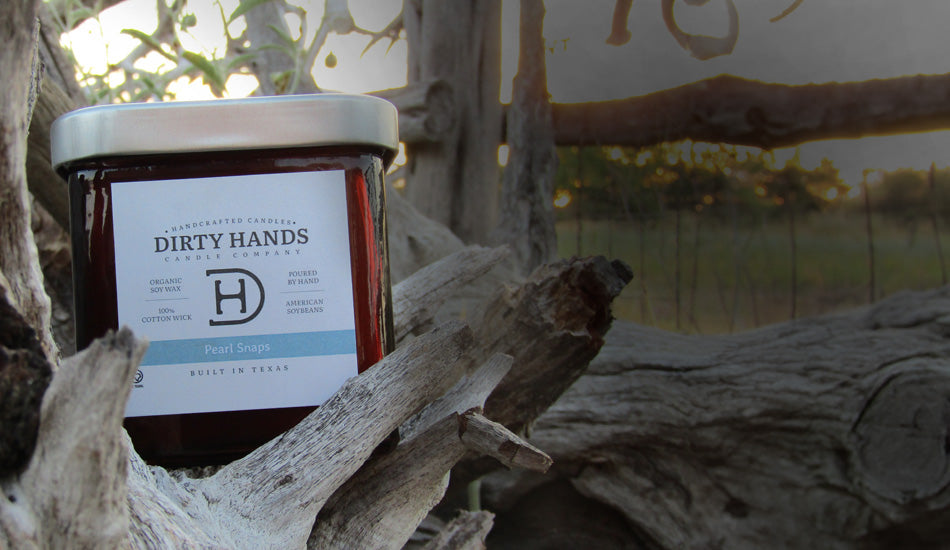 A Pearl Snaps Candle jar positioned on a tree branch, emphasizing its stylish appearance and natural setting.